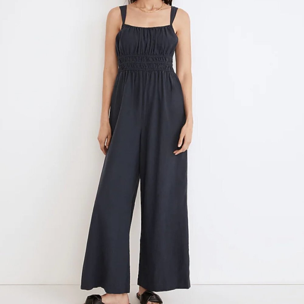 Madewell Linen-Blend Sophie Tank Wide-Leg Jumpsuit XS Navy Blue